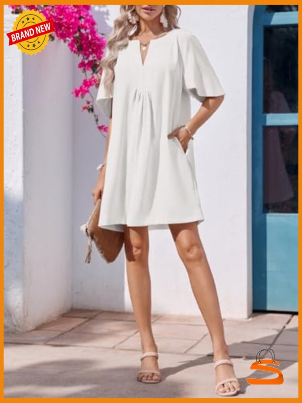 Flutter Short Sleeve Mini Dress V Neck Loose Flowy Summer Shift - Picture 6 of 7